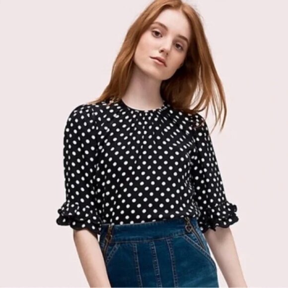 Kate Spade Lia Polka Dot Black/Cream Ruffle Sleeve Blouse Tunic-XS - Picture 1 of 7